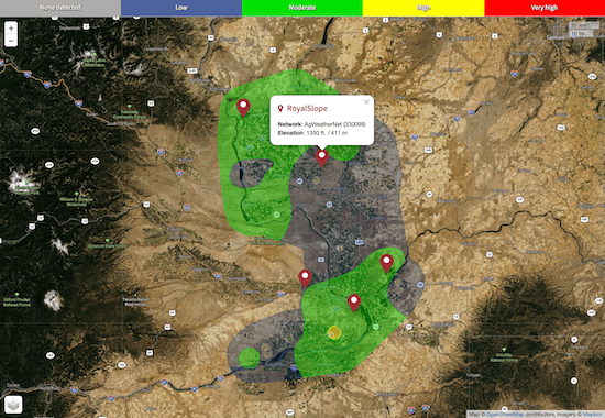 A map of insect densities interpolated from a survey of insect trap counts.